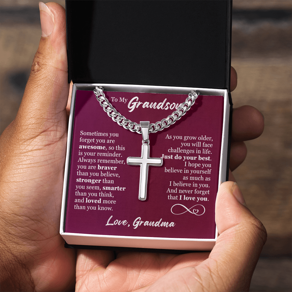 Cross Cuban Link Chain - To My Grandson "Just Do Your Best"