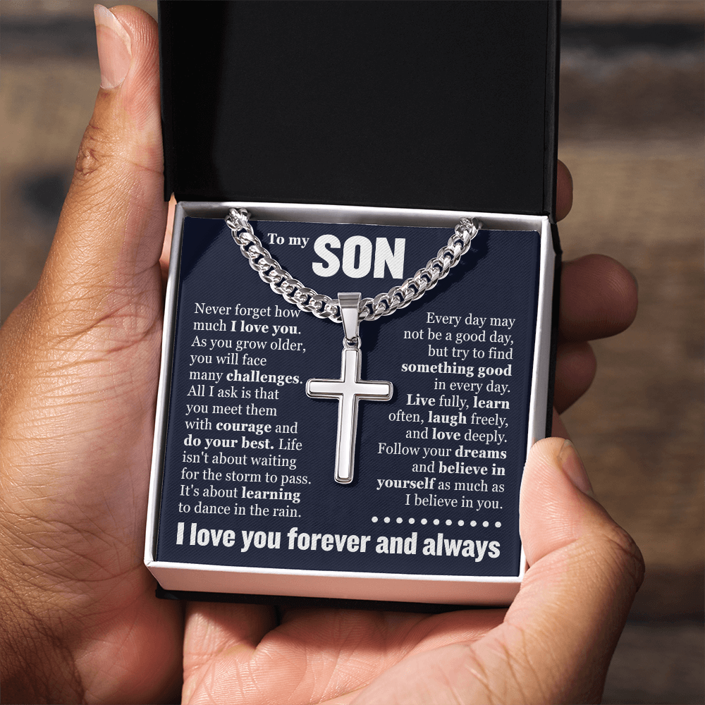 Cross Cuban Link Chain - To My Son "Never Forget How Much I Love You"