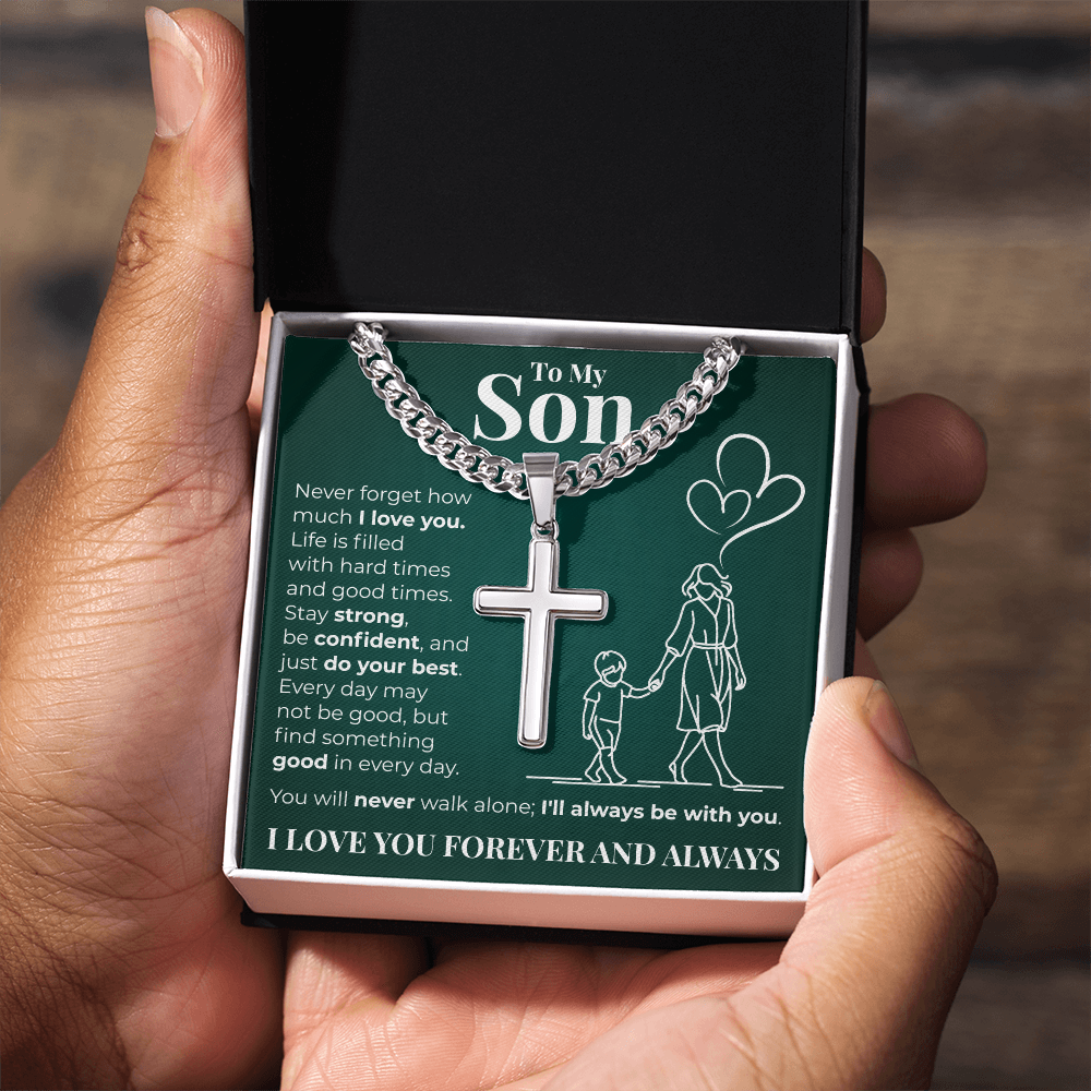 Cuban Chain with Cross Necklace -  To My Son "I Love You"