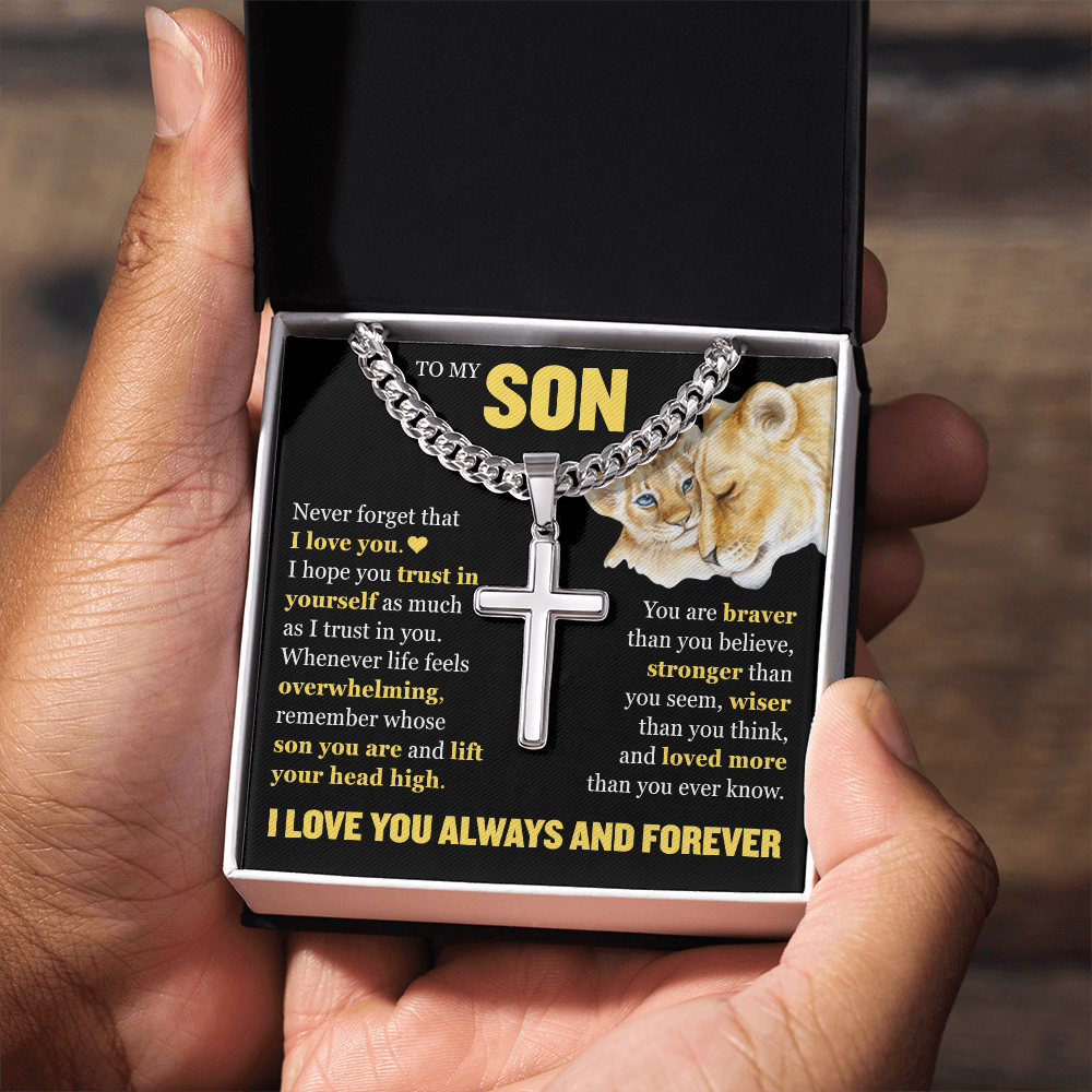 Cross Cuban Link Chain - To My Son "Never Forget That I Love You"