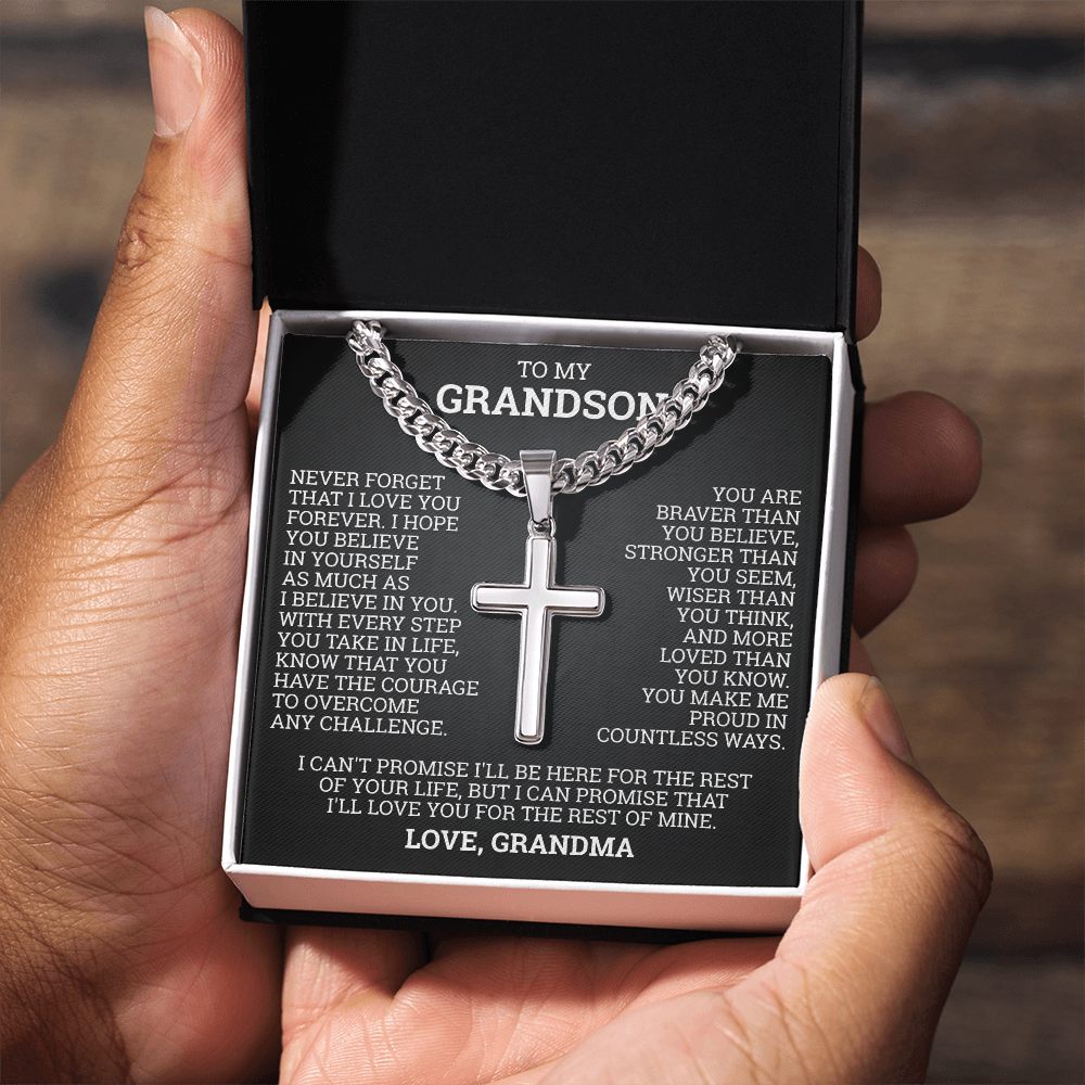Cross Cuban Link Chain - To My Grandson "You Are Braver Than You Believe"