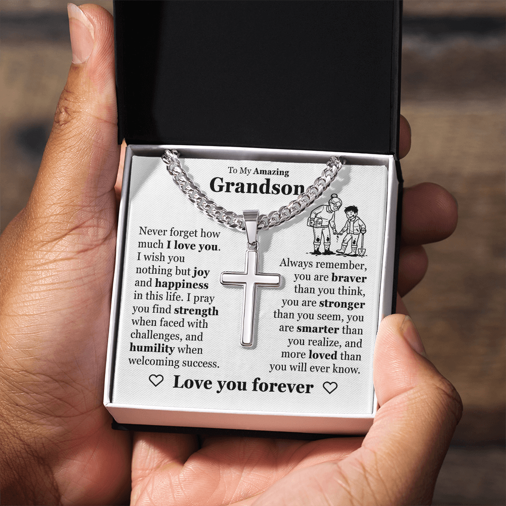 Cross Cuban Link Chain - To My Grandson "Never Forget How Much I Love You"