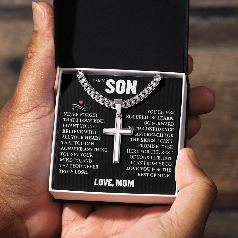 Cross Cuban Link Chain - To My Son "Never Forget That I Love You"