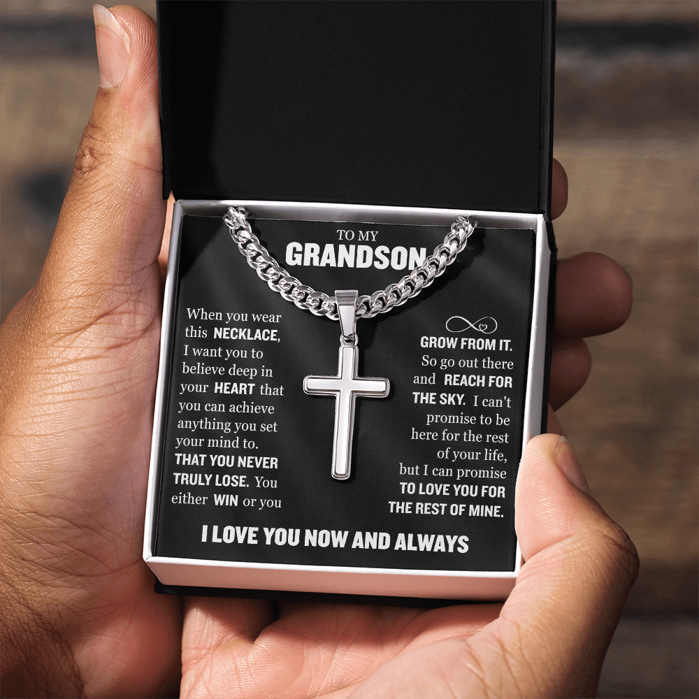 Cross Cuban Link Chain - To My Grandson "You Either Win or You Grow From It"