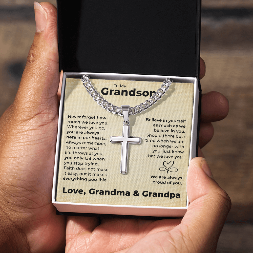 Cross Cuban Link Chain - To My Grandson "You Are Always in Our Hearts"
