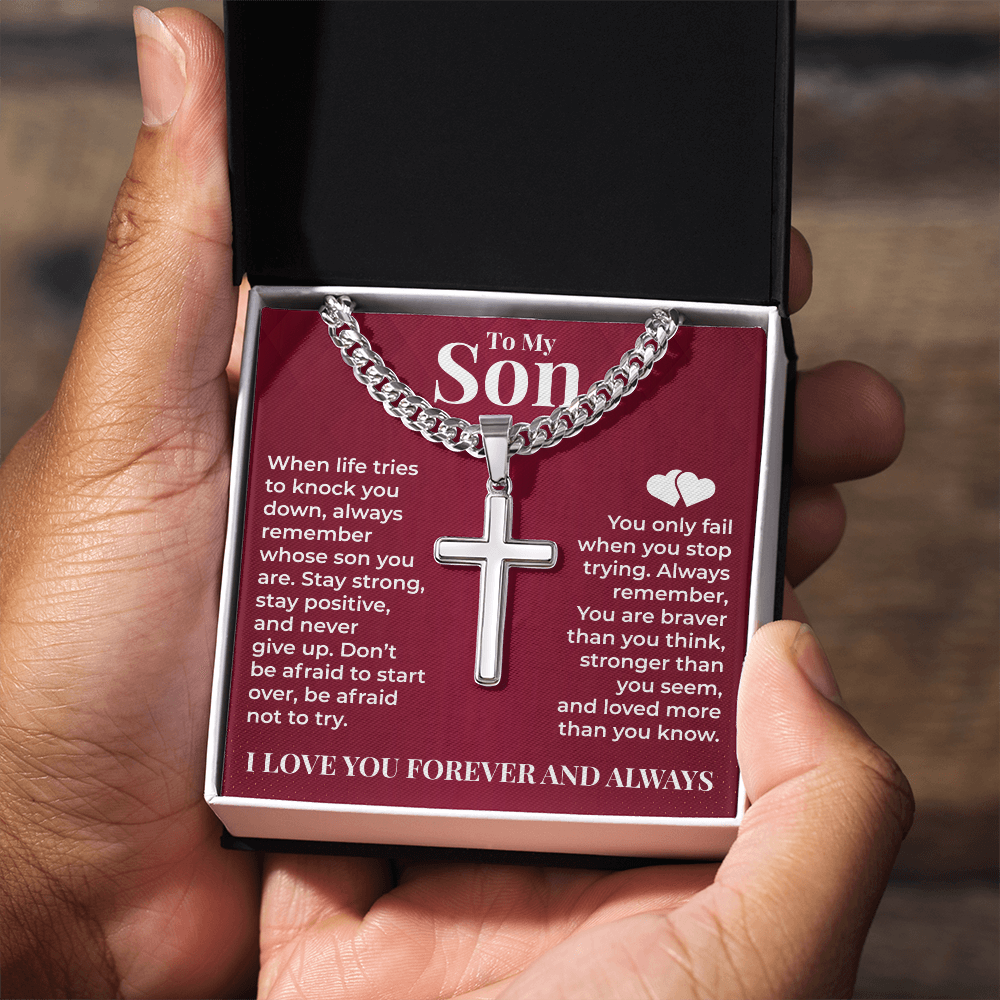 Cuban Chain with Cross Necklace - To My Son "Stay Strong"