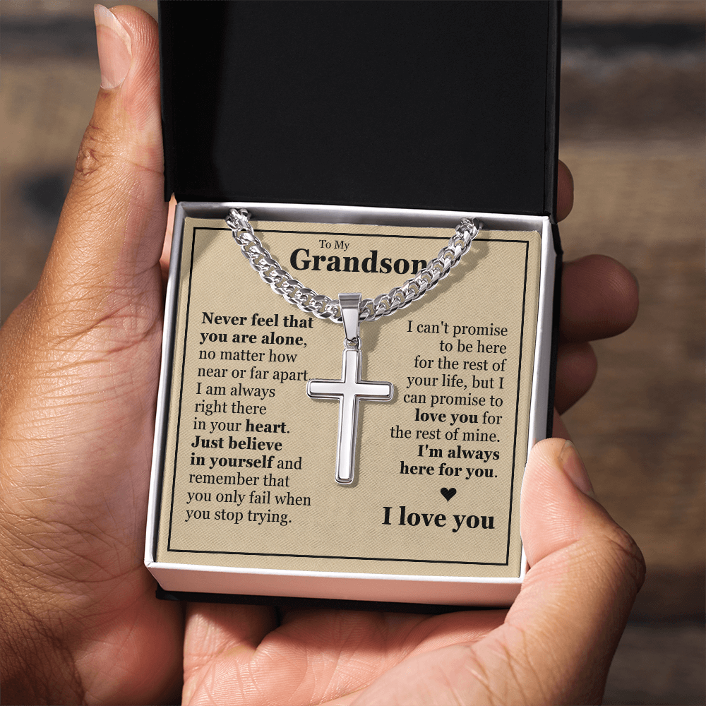 Cross Cuban Link Chain - To My Grandson "I'm Always Here For You"