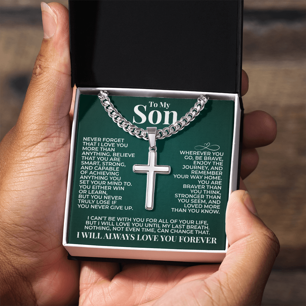 Cuban Chain with Cross Necklace - To My Son "You Are Braver Than You Think"