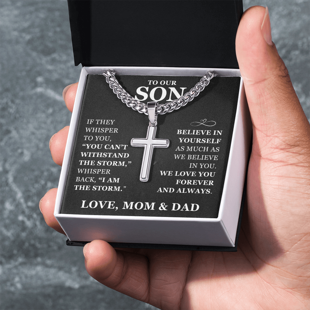 Artisan Cross with Cuban Link Chain - To Our Son "Believe In Yourself"