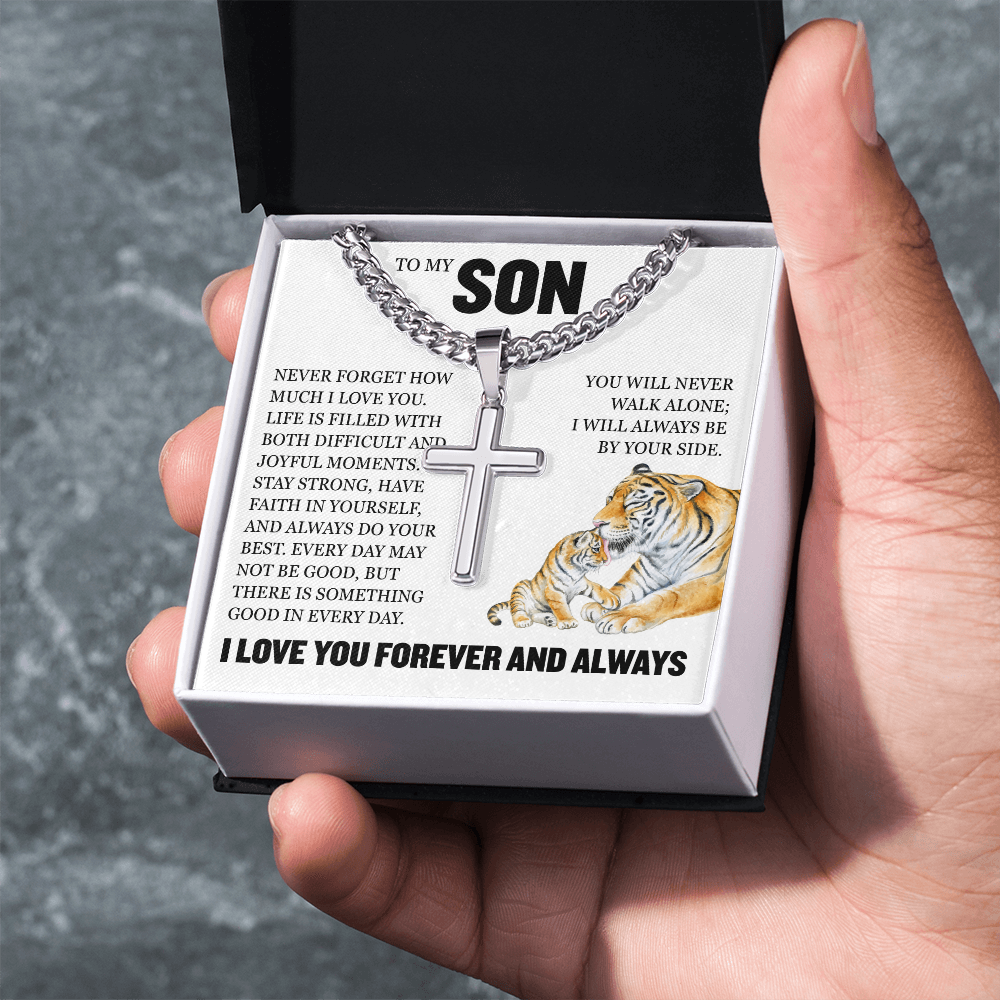 Cross Cuban Link Chain - To My Son "I Will Always Be By Yourside"