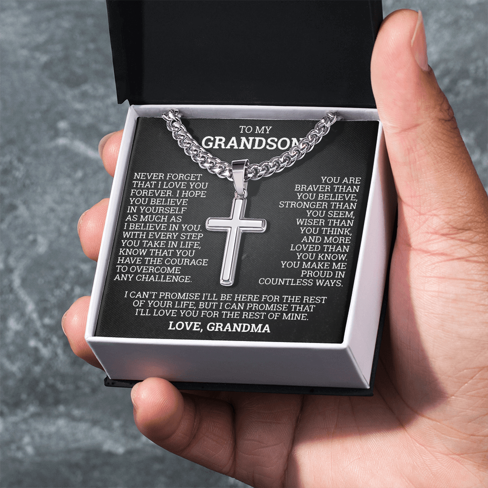 Cross Cuban Link Chain - To My Grandson "You Are Braver Than You Believe"