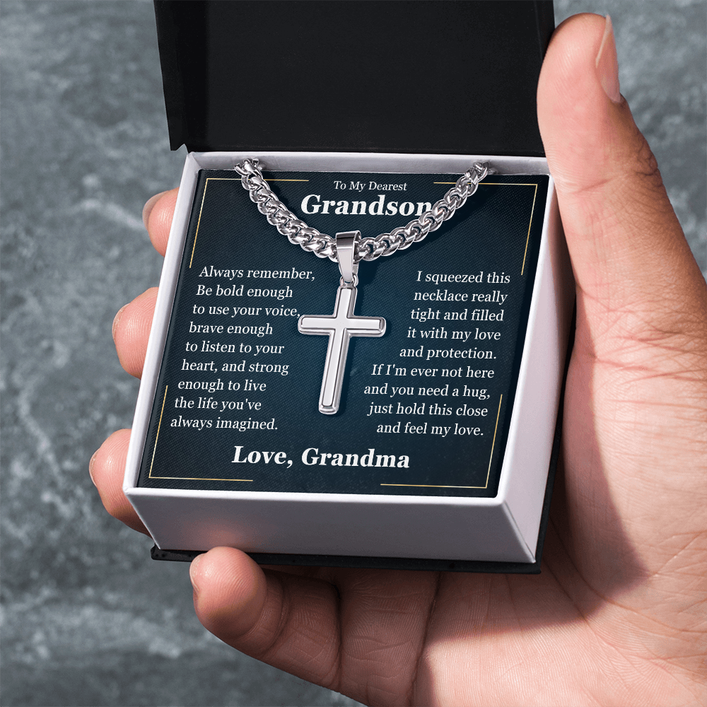 Cross Cuban Link Chain - To My Grandson "Just Hold This Close and Feel My Love"