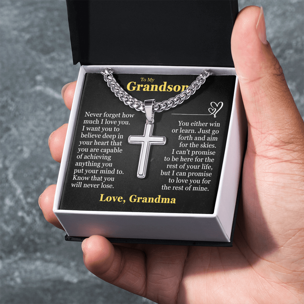 Cross Cuban Link Chain - To My Grandson "You Either Win or Learn"