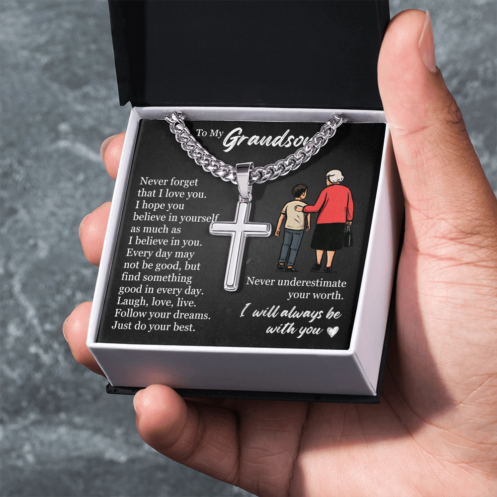 Cross Cuban Link Chain - To My Grandson "Never Underestimate Your Worth"