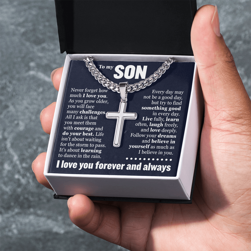 Cross Cuban Link Chain - To My Son "Never Forget How Much I Love You"