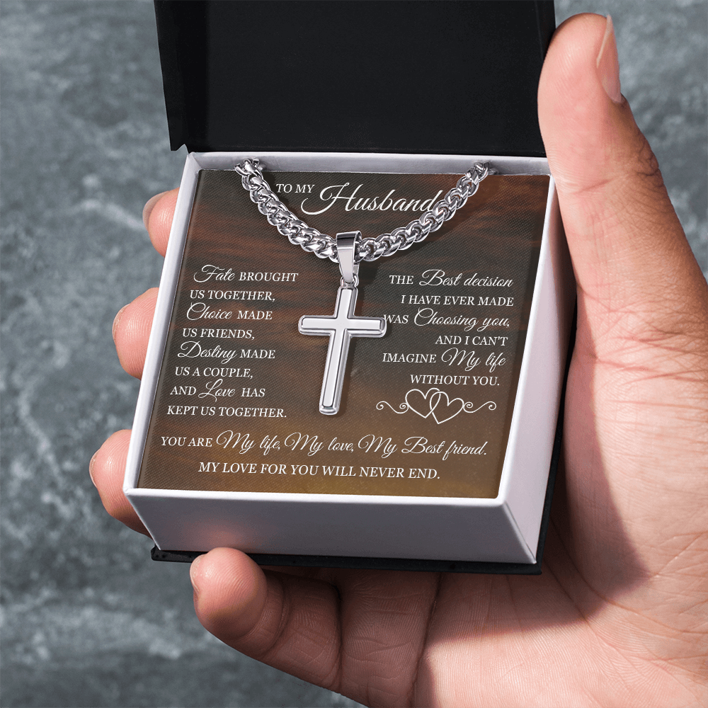 Cross Cuban Link Chain - To My Husband "Fate Brought Us Together"