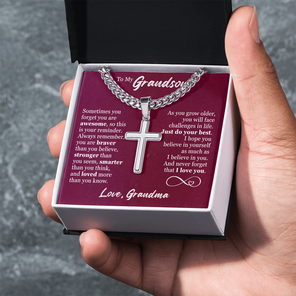 Cross Cuban Link Chain - To My Grandson "Just Do Your Best"