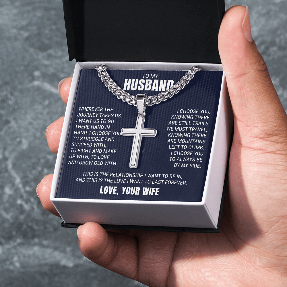 Cross Cuban Link Chain - To My Husband "I Choose You"