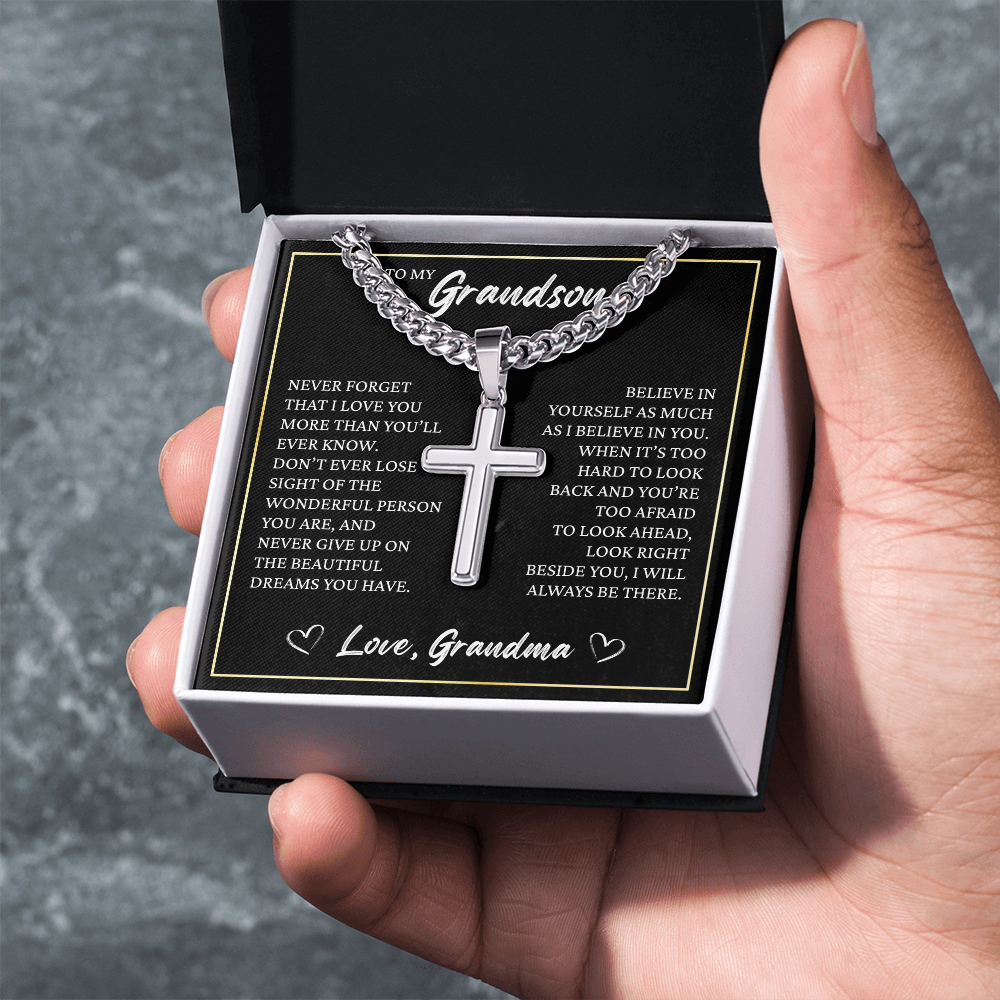 Cuban Chain with Cross Necklace - To My Grandson "Believe in Yourself"