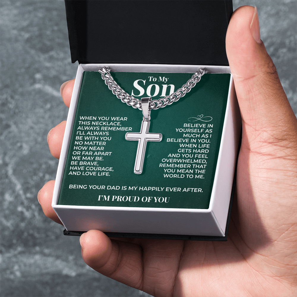 Cuban  Chain with Cross Necklace - To My Son "Believe In Yourself"