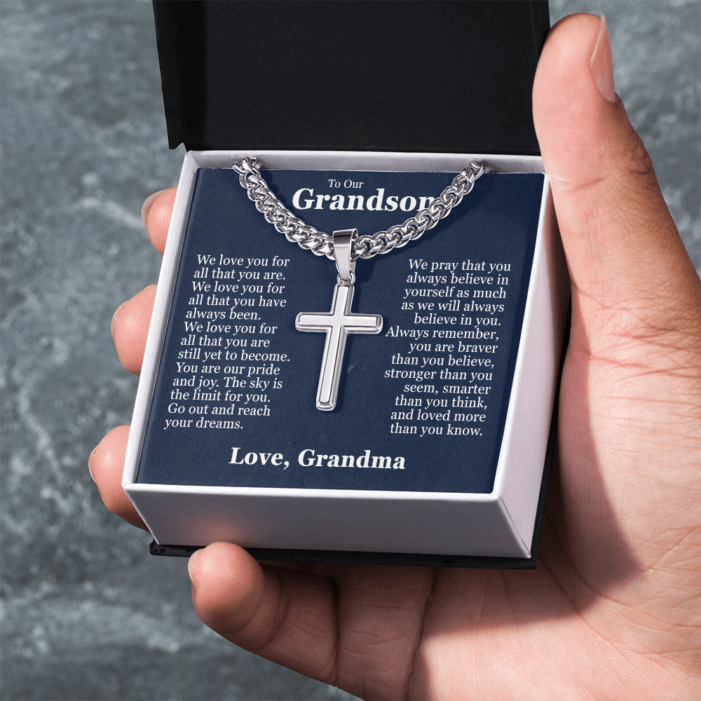 Cross Cuban Link Chain - To Our Grandson "We Love You"