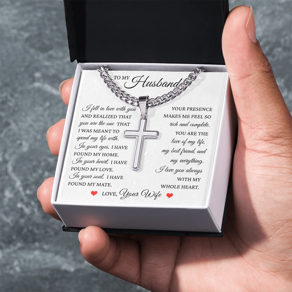 Cross Cuban Link Chain - To My Husband "I Have Found My Home"