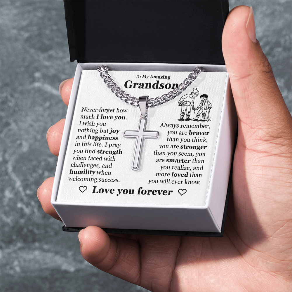 Cross Cuban Link Chain - To My Grandson "Never Forget How Much I Love You"