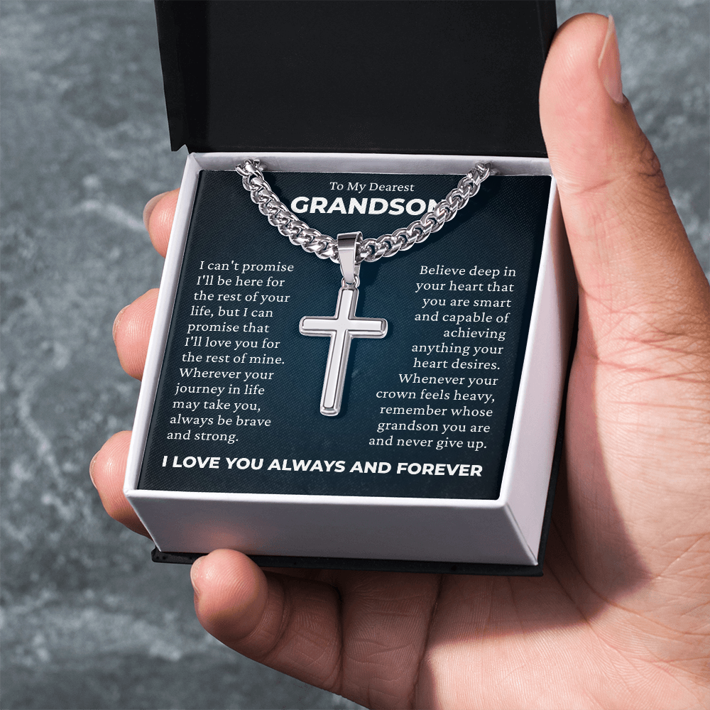 Cross Cuban Link Chain - To My Grandson "Always Be Brave and Strong"
