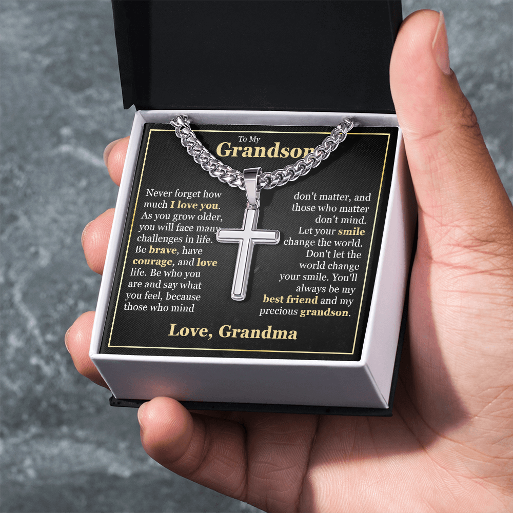 Cross Cuban Link Chain - To My Grandson "Be Brave, Have Courage, and Love Life"