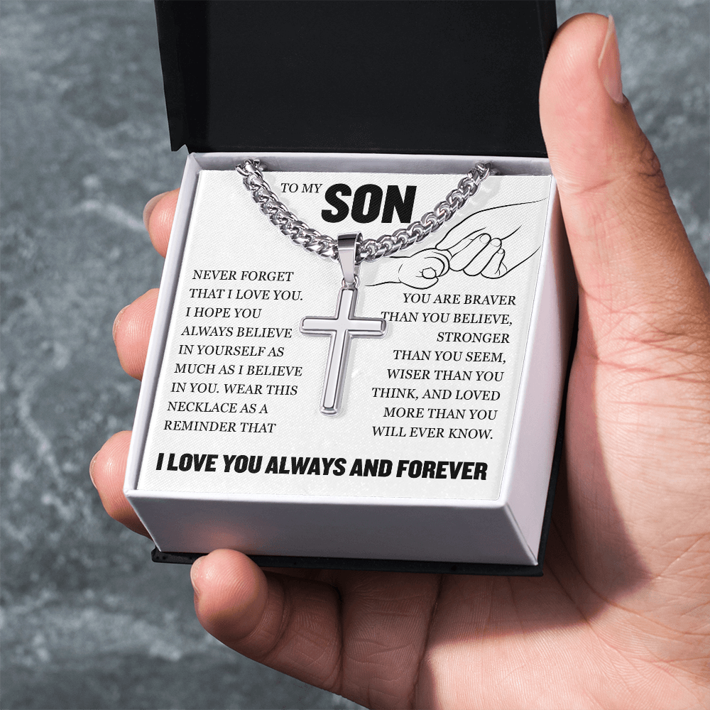 Cross Cuban Link Chain - To My Son "Never Forget That I Love You"