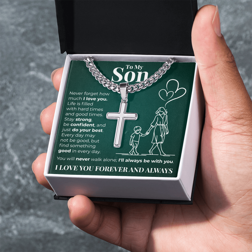Cuban Chain with Cross Necklace -  To My Son "I Love You"