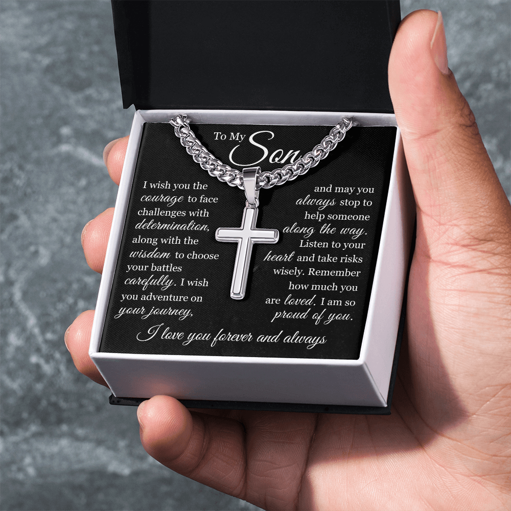 Cross Cuban Link Chain - To My Son "Face Challenges With Determination"