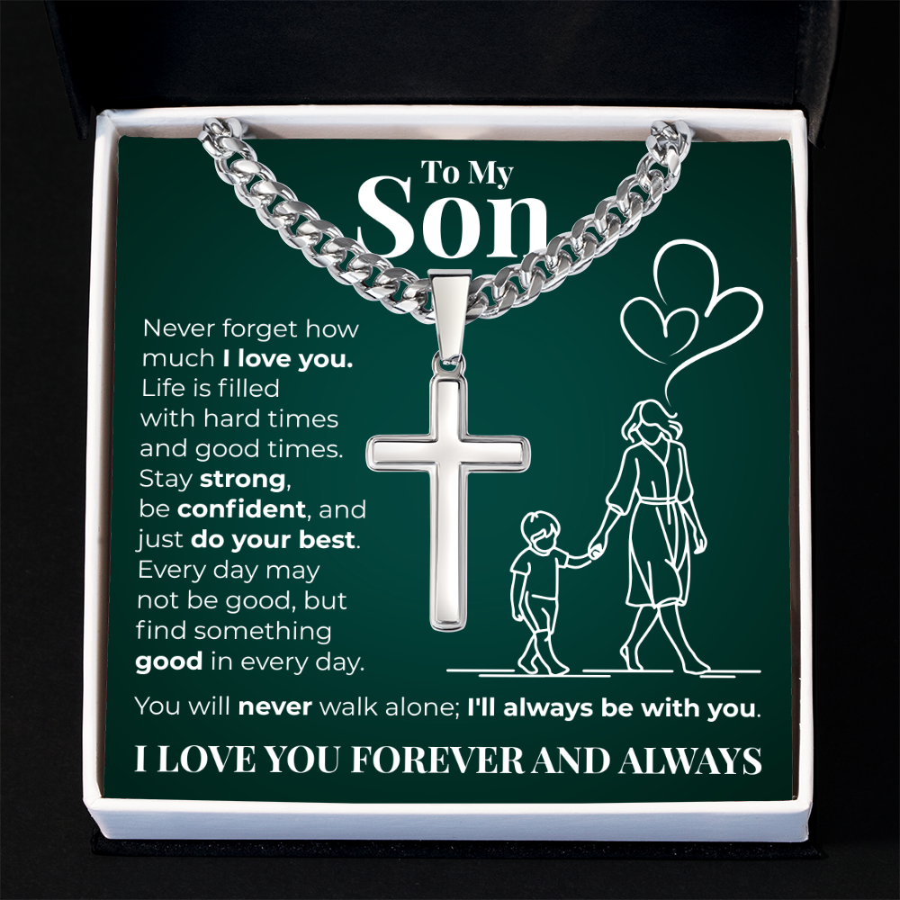 Cuban Chain with Cross Necklace -  To My Son "I Love You"