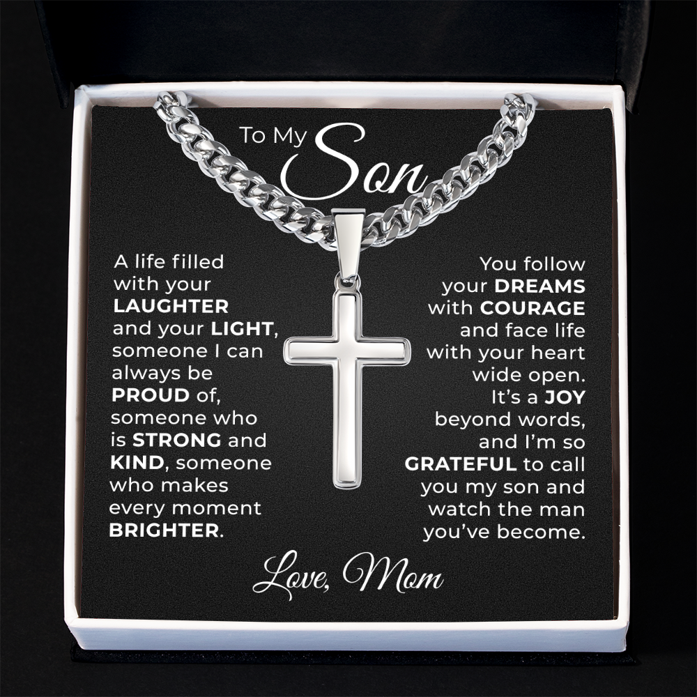 Cuban Chain with Cross Necklace -  To My Son "Follow You Dreams with Courage"