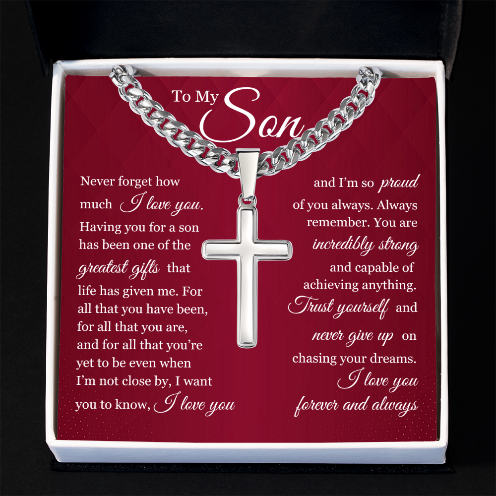 Cuban Chain with Cross Necklace- To My Son "Trust Yourself"