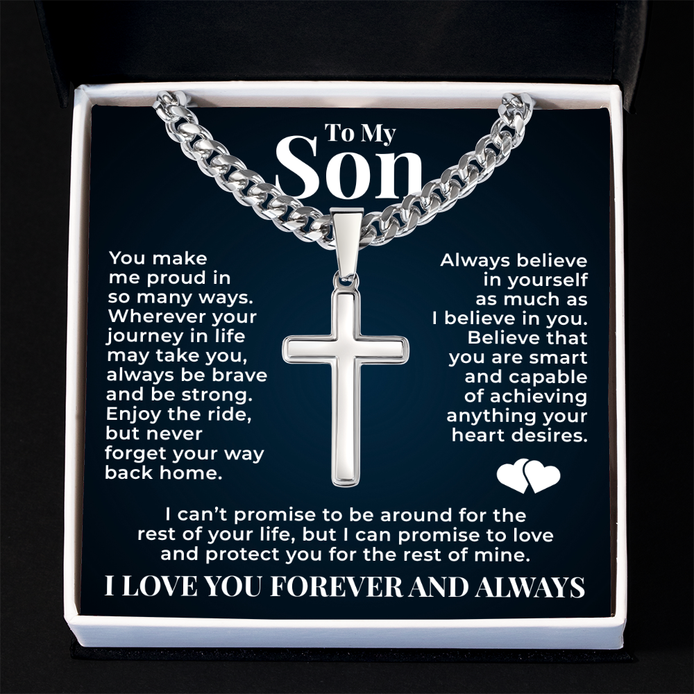 Cuban  Chain with Cross Necklace - To My Son "Always Be Brave"