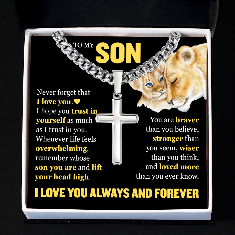 Cross Cuban Link Chain - To My Son "Never Forget That I Love You"