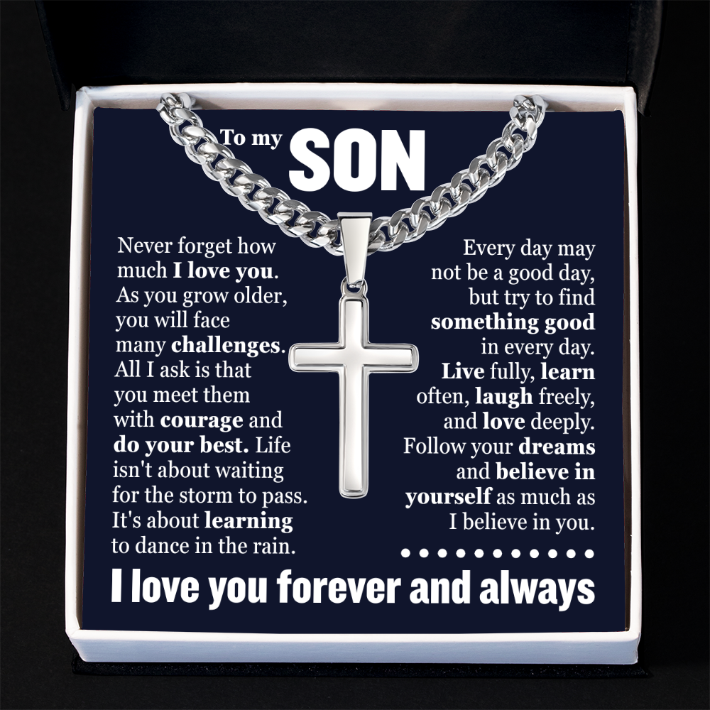 Cross Cuban Link Chain - To My Son "Never Forget How Much I Love You"