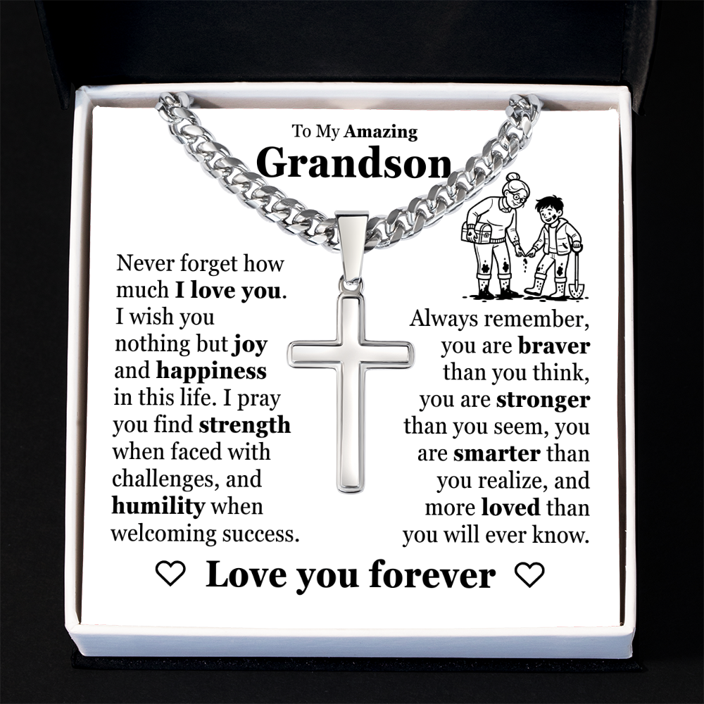 Cross Cuban Link Chain - To My Grandson "Never Forget How Much I Love You"