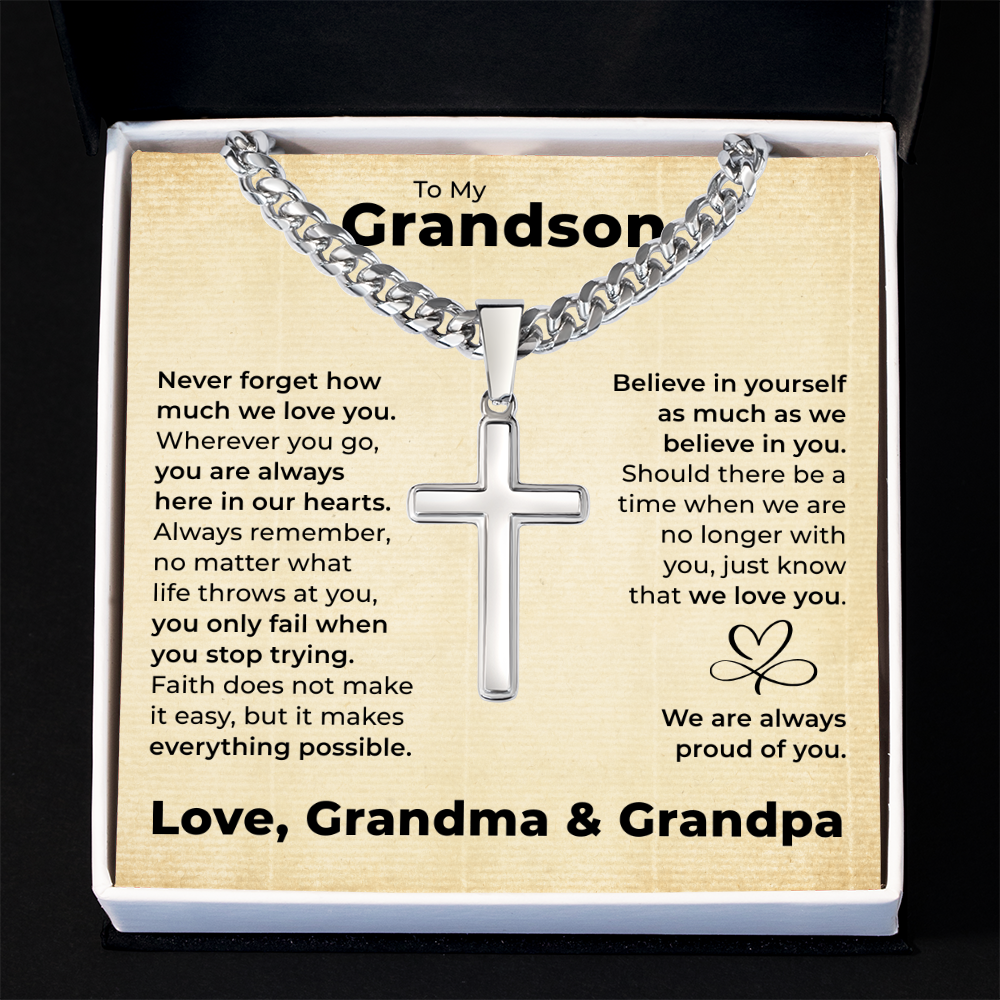 Cross Cuban Link Chain - To My Grandson "You Are Always in Our Hearts"