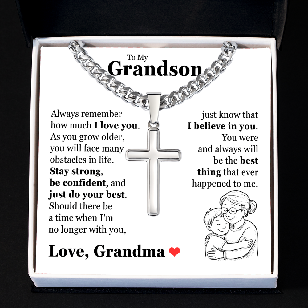 Cross Cuban Link Chain - To My Grandson "Always Remember How Much I Love You"