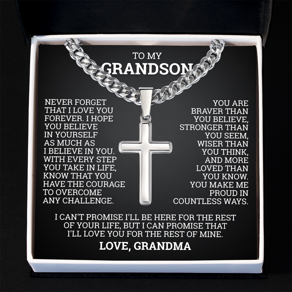 Cross Cuban Link Chain - To My Grandson "You Are Braver Than You Believe"