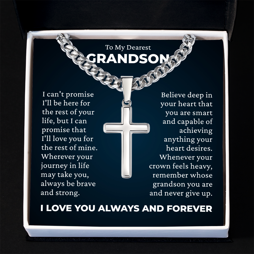 Cross Cuban Link Chain - To My Grandson "Always Be Brave and Strong"