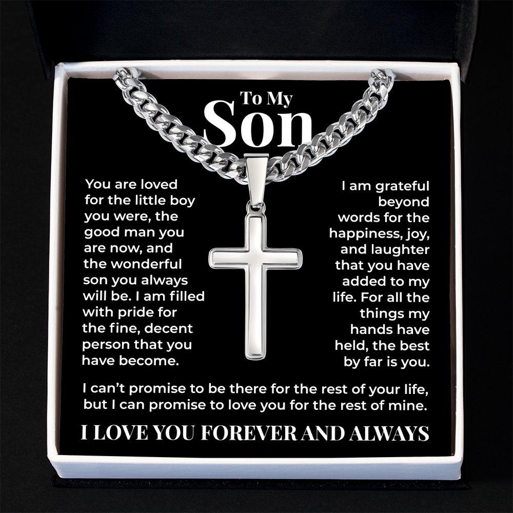 Cuban Chain with Cross Necklace - To My Son "I Am Grateful Beyond Words"