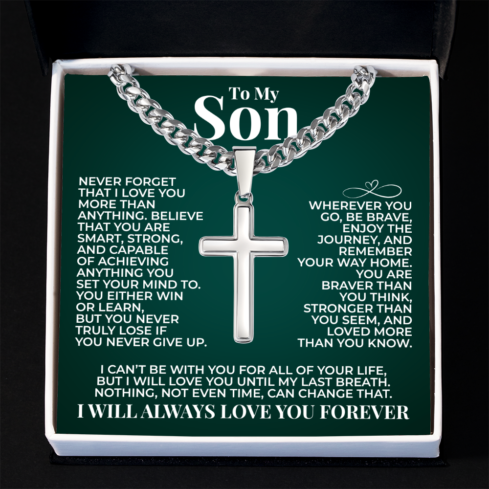 Cuban Chain with Cross Necklace - To My Son "You Are Braver Than You Think"