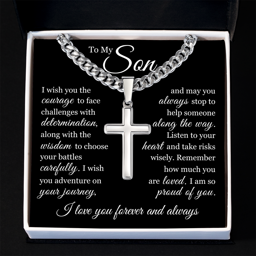 Cross Cuban Link Chain - To My Son "Face Challenges With Determination"