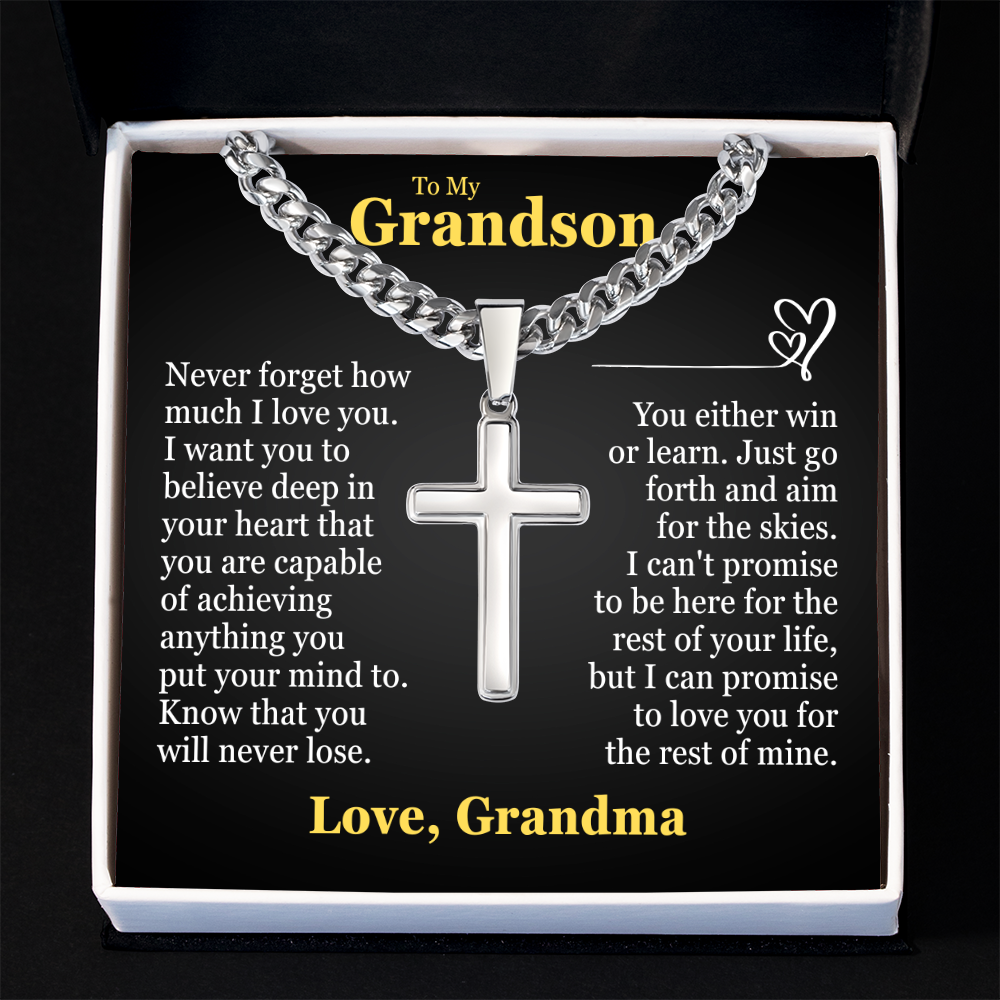 Cross Cuban Link Chain - To My Grandson "You Either Win or Learn"