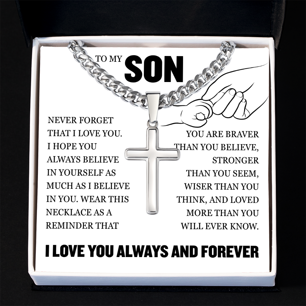 Cross Cuban Link Chain - To My Son "Never Forget That I Love You"