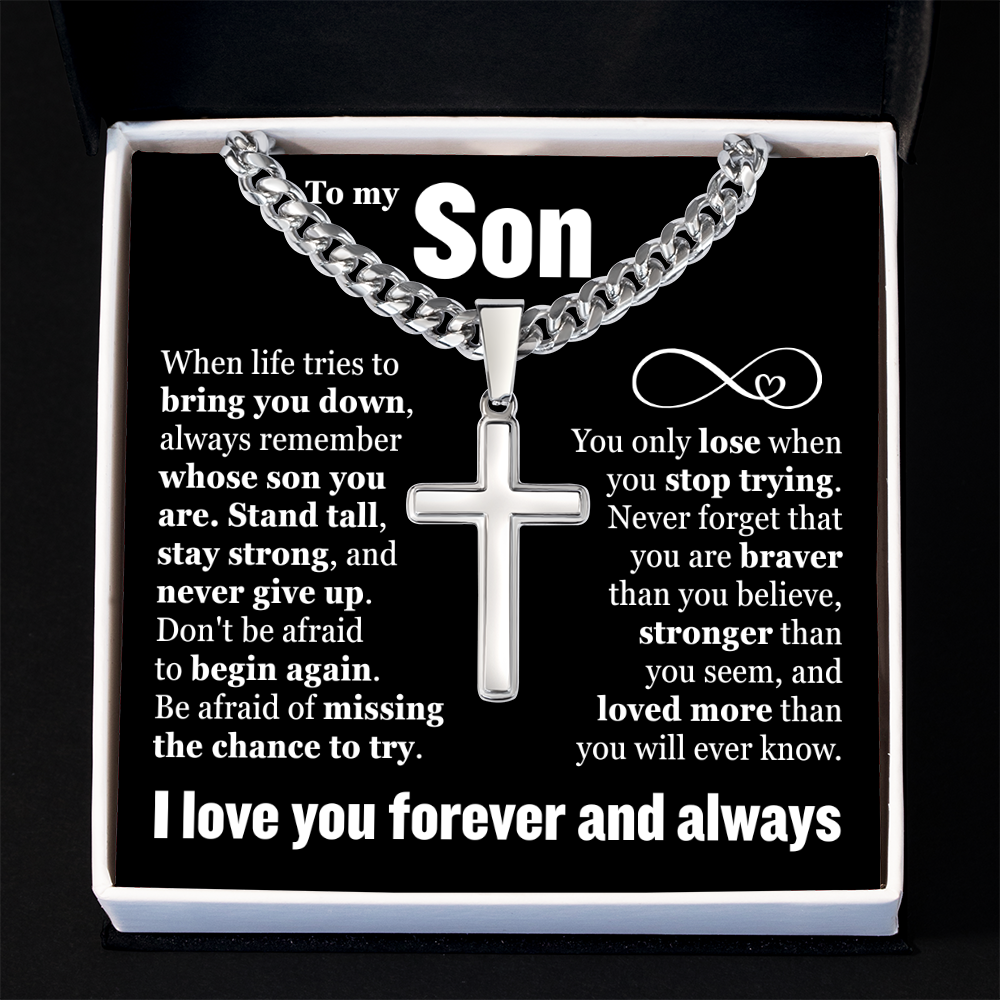 Cross Cuban Link Chain - To My Son "Never Give Up"