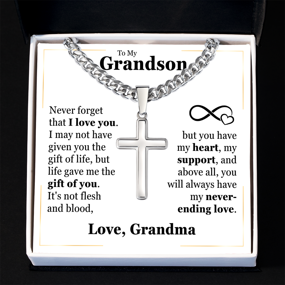 Cross Cuban Link Chain - To My Grandson "Never Forget That I Love You"